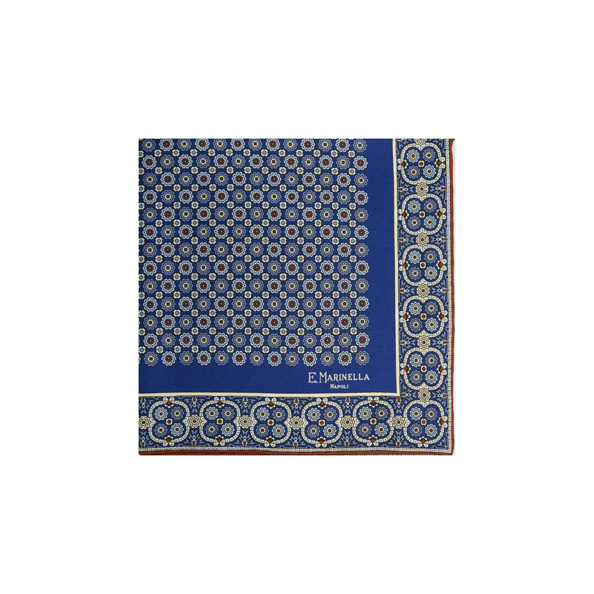 BLUE HAND-PRINTED SILK POCKET SQUARE