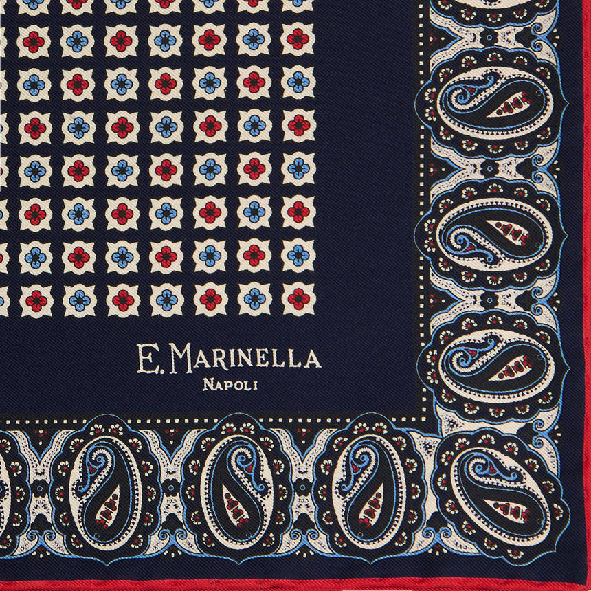 DARK BLUE HAND-PRINTED SILK POCKET SQUARE