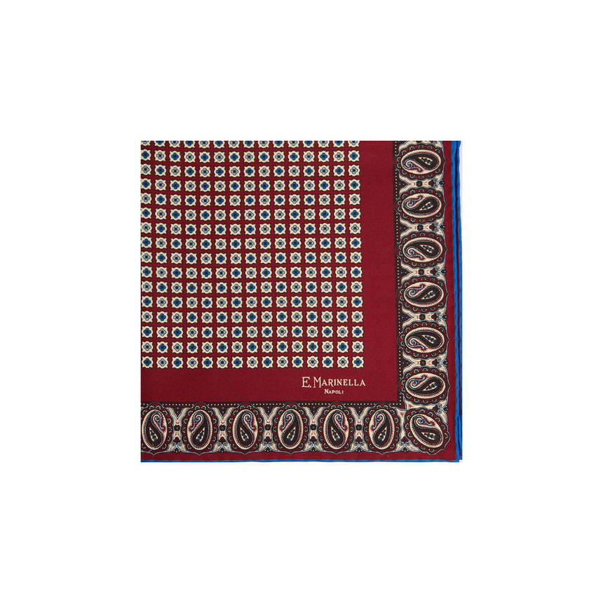 BURGUNDY HAND-PRINTED SILK POCKET SQUARE
