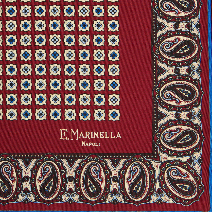 BURGUNDY HAND-PRINTED SILK POCKET SQUARE