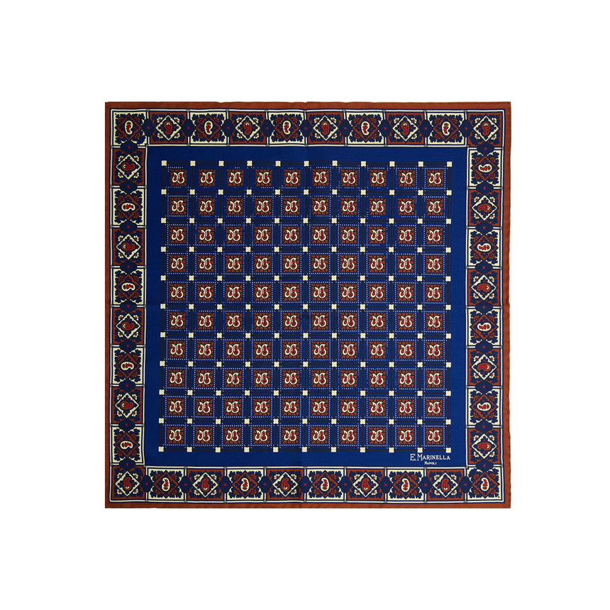 BLUE HAND-PRINTED SILK POCKET SQUARE