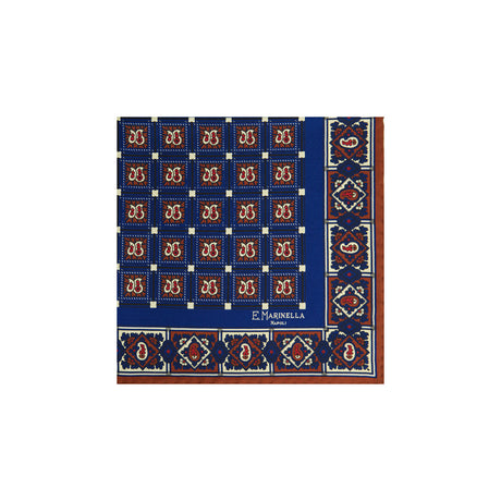 BLUE HAND-PRINTED SILK POCKET SQUARE