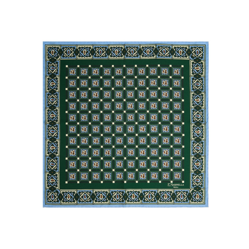 DARK GREEN HAND-PRINTED SILK POCKET SQUARE