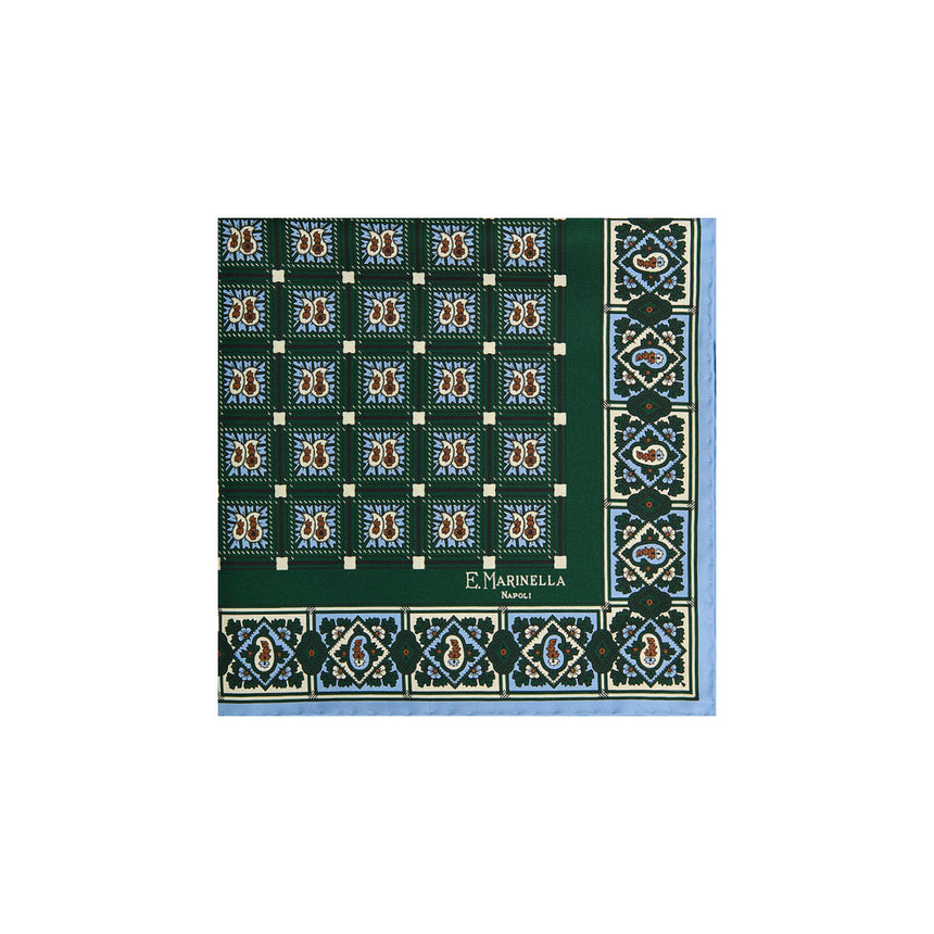 DARK GREEN HAND-PRINTED SILK POCKET SQUARE