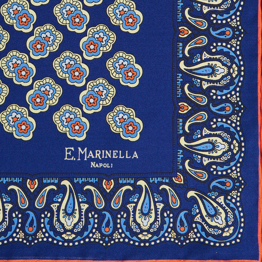 BLUE HAND-PRINTED SILK POCKET SQUARE