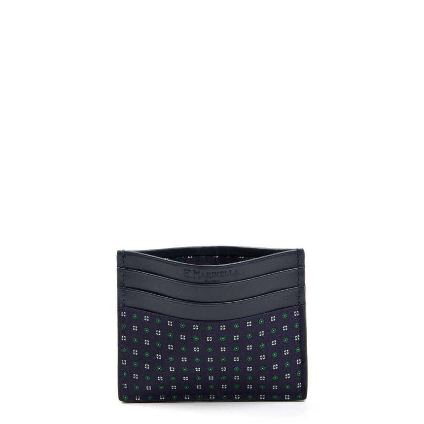 DARK BLUE LEATHER AND SILK CREDIT CARD HOLDER