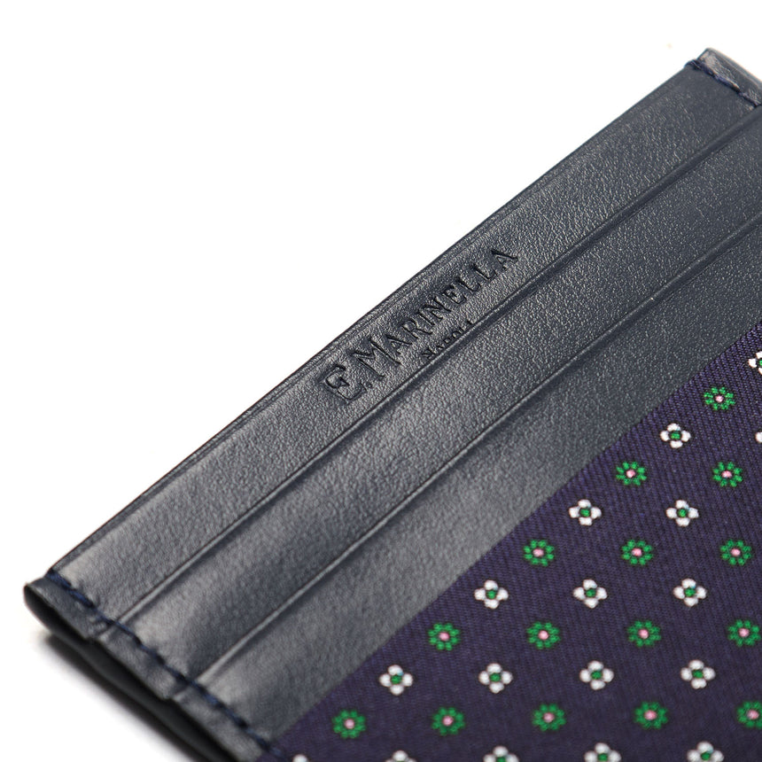DARK BLUE LEATHER AND SILK CREDIT CARD HOLDER
