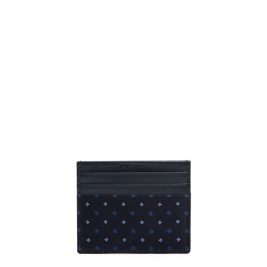 DARK BLUE LEATHER AND SILK CREDIT CARD HOLDER