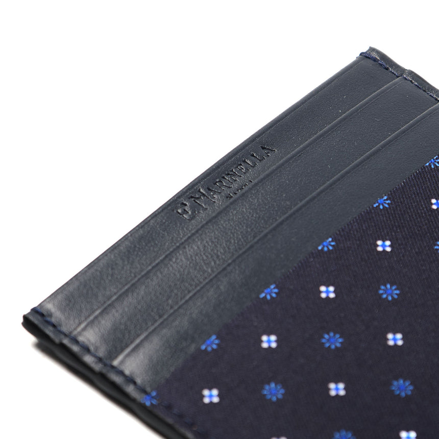 DARK BLUE LEATHER AND SILK CREDIT CARD HOLDER
