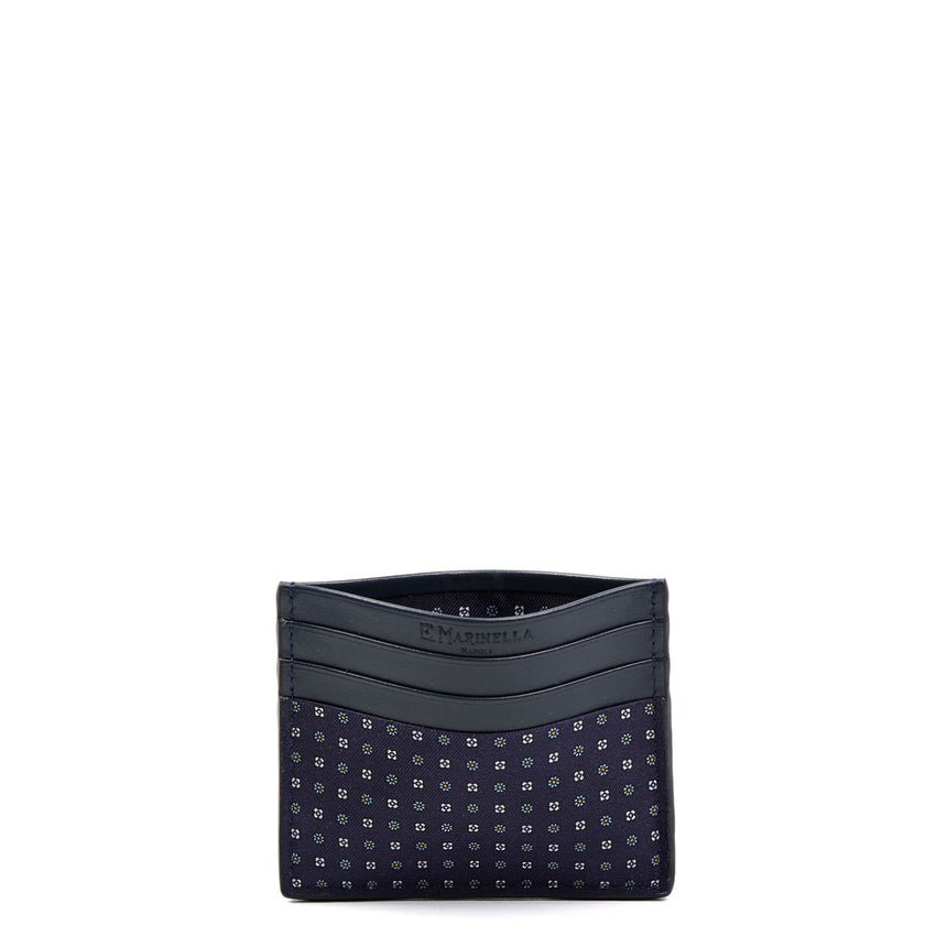 DARK BLUE LEATHER AND SILK CREDIT CARD HOLDER