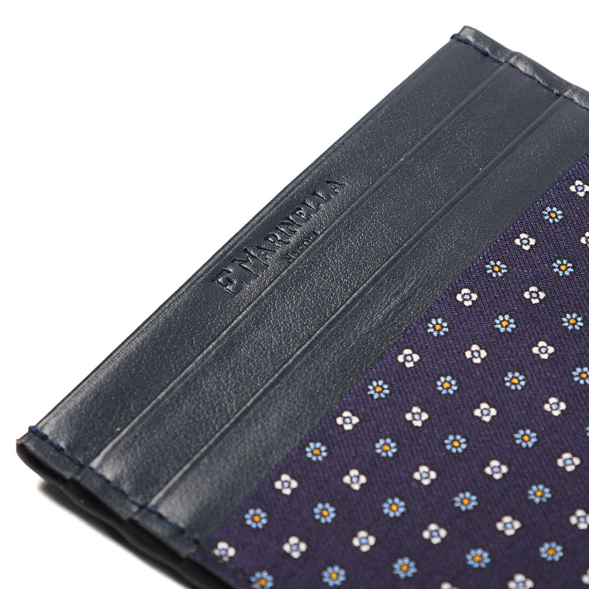 DARK BLUE LEATHER AND SILK CREDIT CARD HOLDER