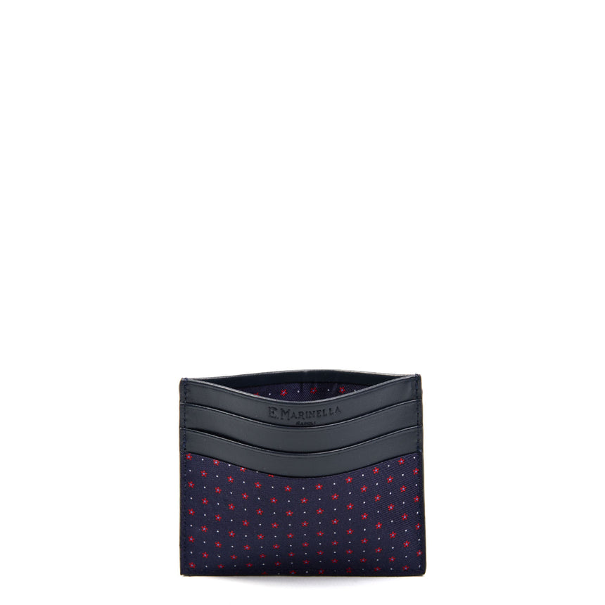 DARK BLUE LEATHER AND SILK CREDIT CARD HOLDER