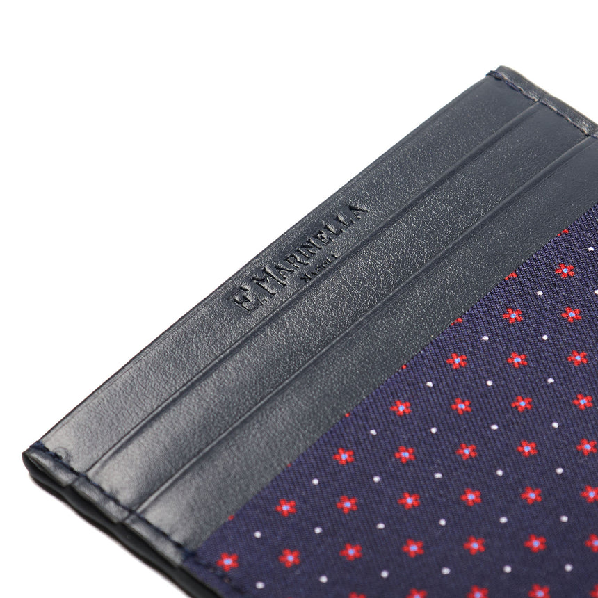 DARK BLUE LEATHER AND SILK CREDIT CARD HOLDER