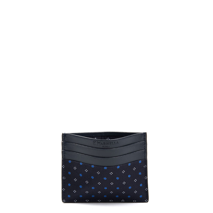 DARK BLUE LEATHER AND SILK CREDIT CARD HOLDER