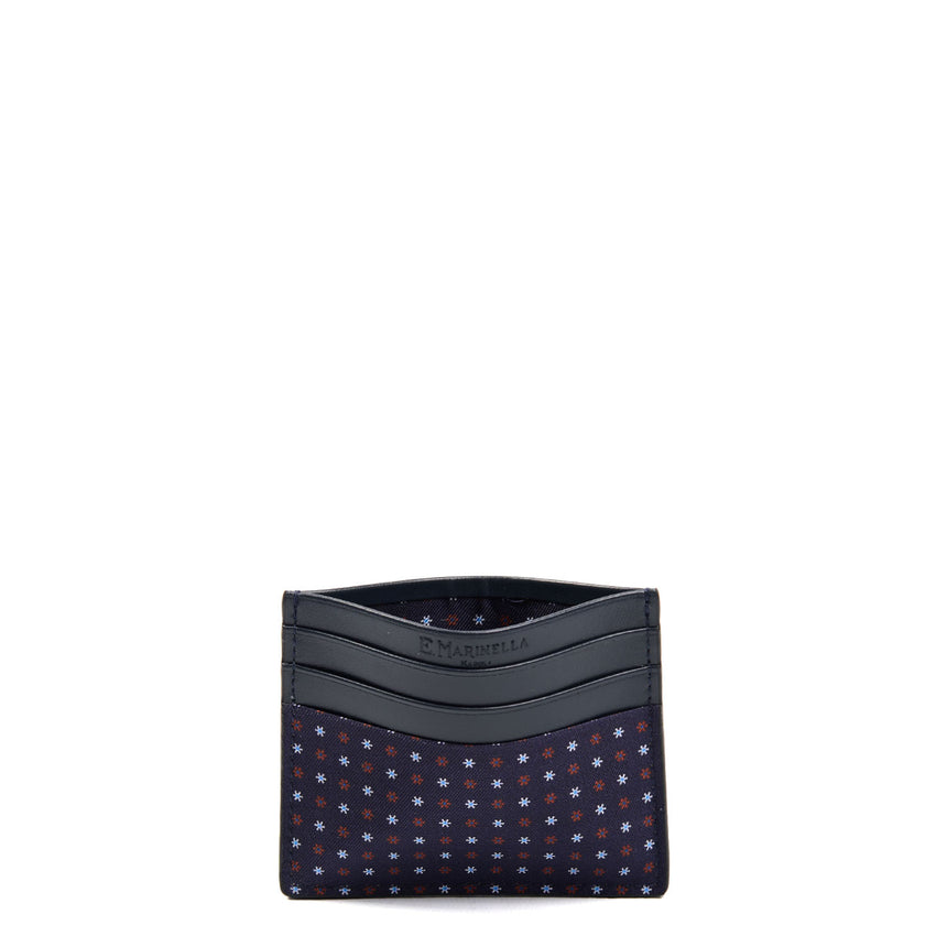 DARK BLUE LEATHER AND SILK CREDIT CARD HOLDER