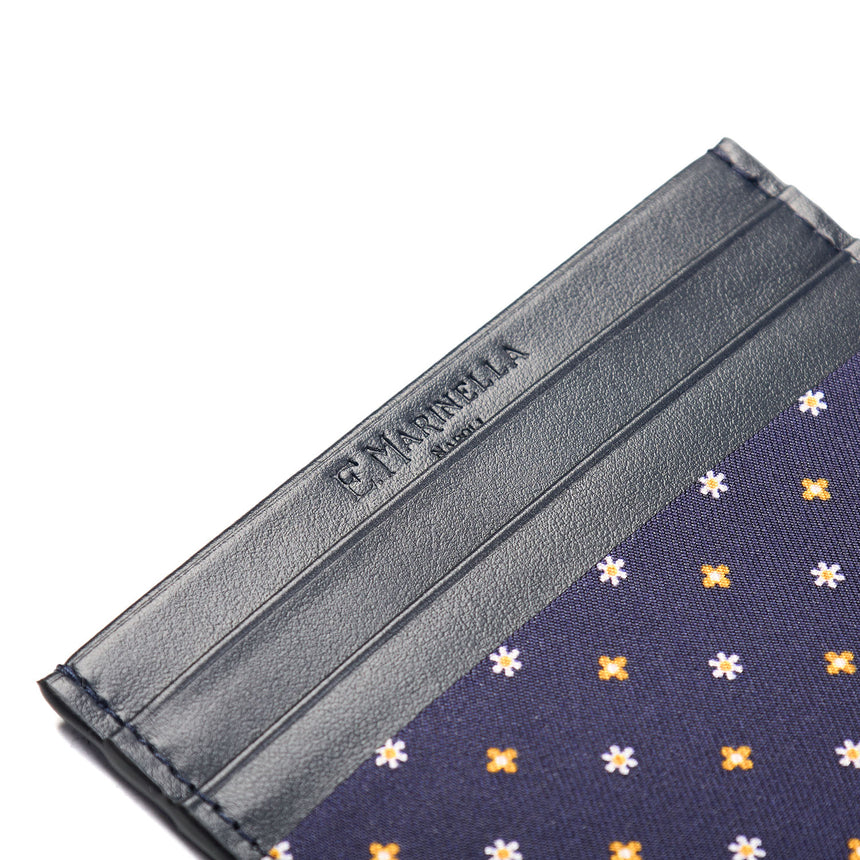 DARK BLUE LEATHER AND SILK CREDIT CARD HOLDER