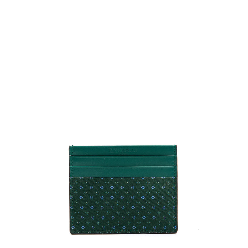 DARK GREEN LEATHER AND SILK CREDIT CARD HOLDER