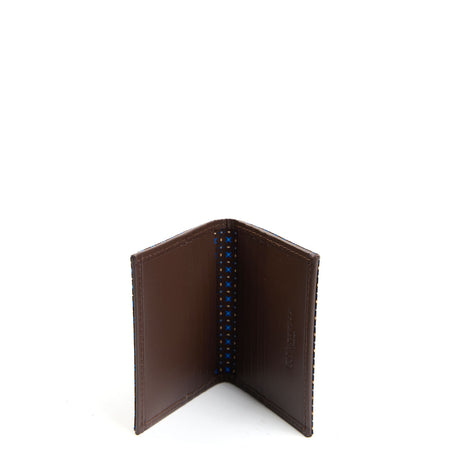 DARK BROWN SILK AND LEATHER FOLDING CARD HOLDER