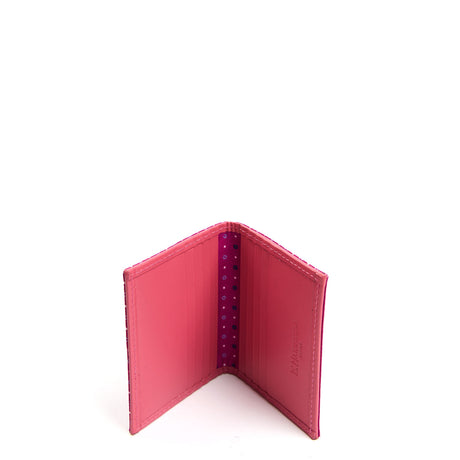 FUCSIA SILK AND LEATHER FOLDING CARD HOLDER