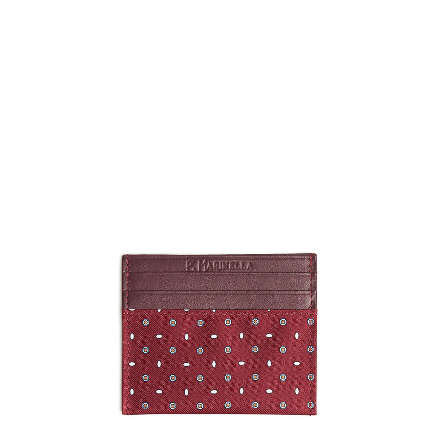 BURGUNDY LEATHER AND SILK CREDIT CARD HOLDER