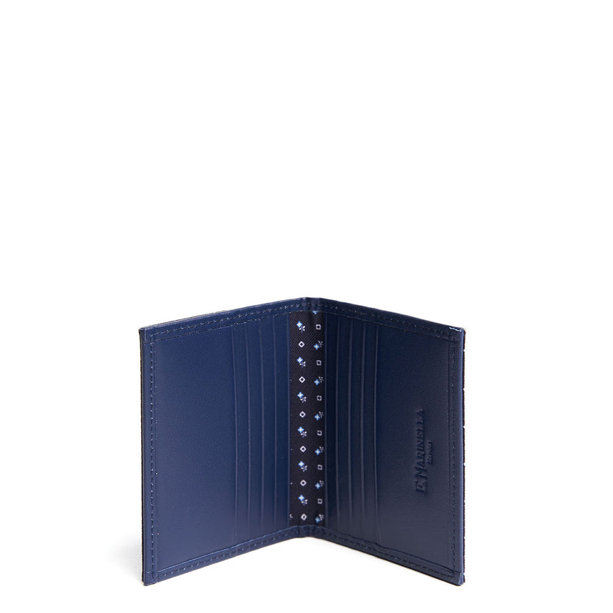 DARK BLUE SILK AND LEATHER FOLDING CARD HOLDER