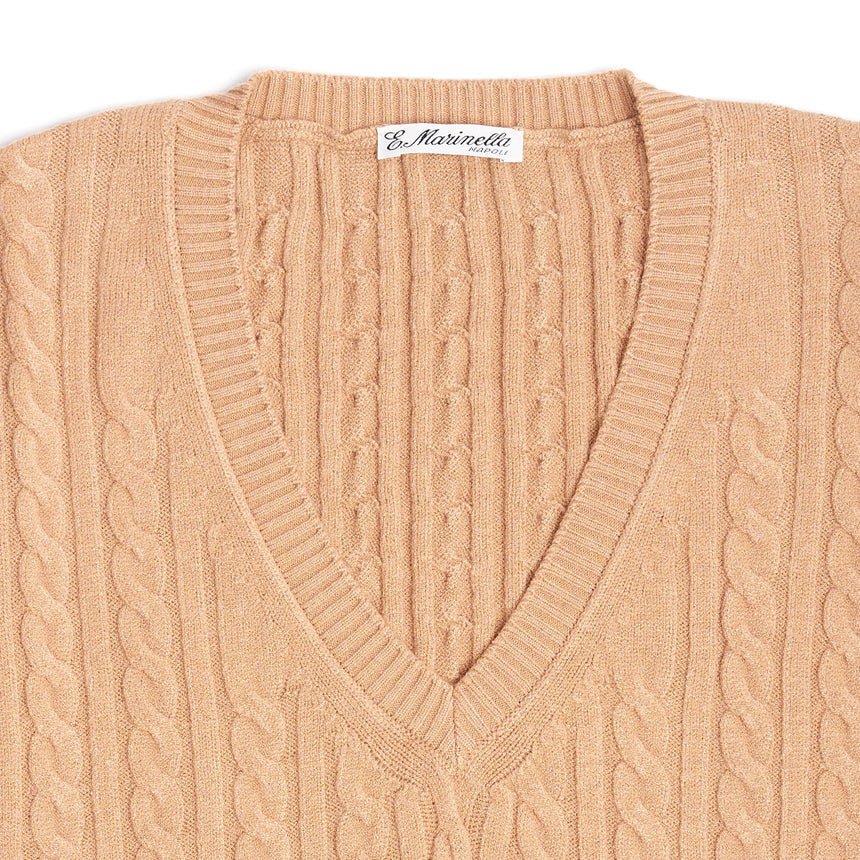 PULLOVER SMANICATO CON TRECCE BEIGE IN LANA