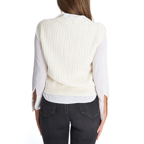 PULLOVER SMANICATO CON TRECCE BIANCO IN LANA