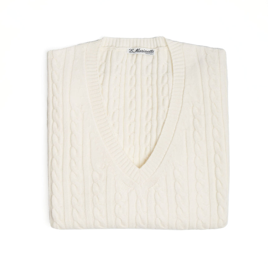 PULLOVER SMANICATO CON TRECCE BIANCO IN LANA